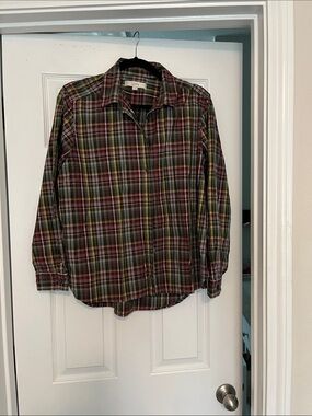 LOFT Plaid Button-Down Shirt in Green with Pink and Yellow Accents